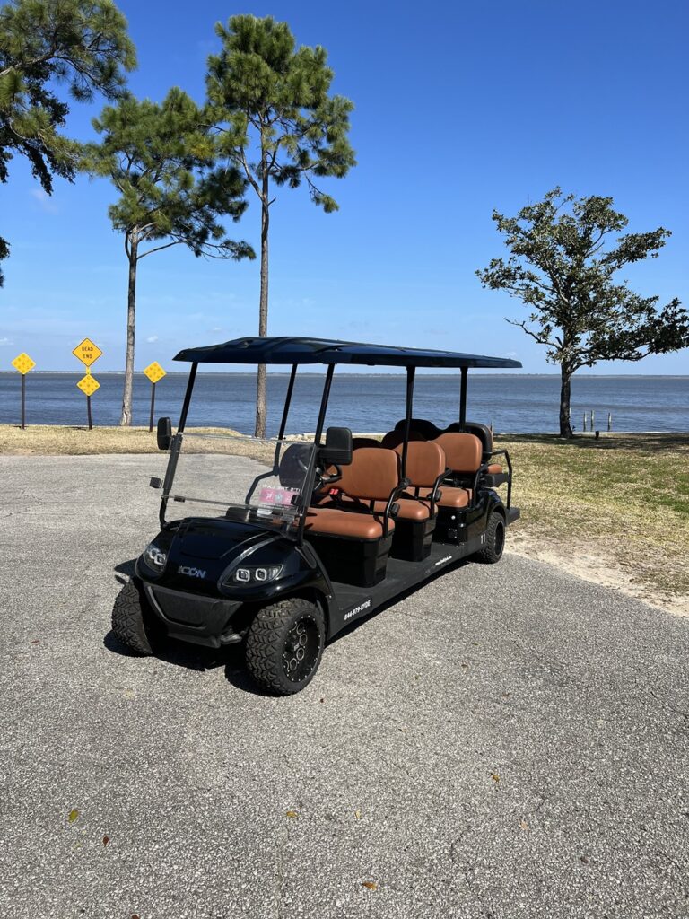 8 passenger golf cart parked on a road on 30A